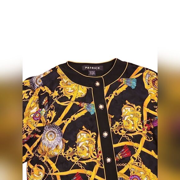 PATRICK 90s Silk Statement Buckle Design Dress Black & Gold Equestrian Glam | 12 - Picture 3 of 14